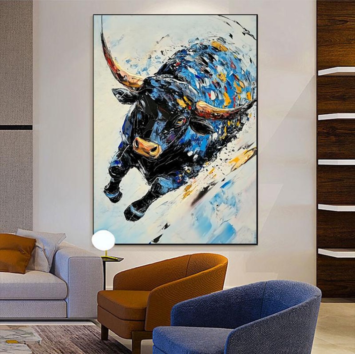 Powerful Charging Bull Abstract Blue Impasto Oil Painting Art Poster - Image 6