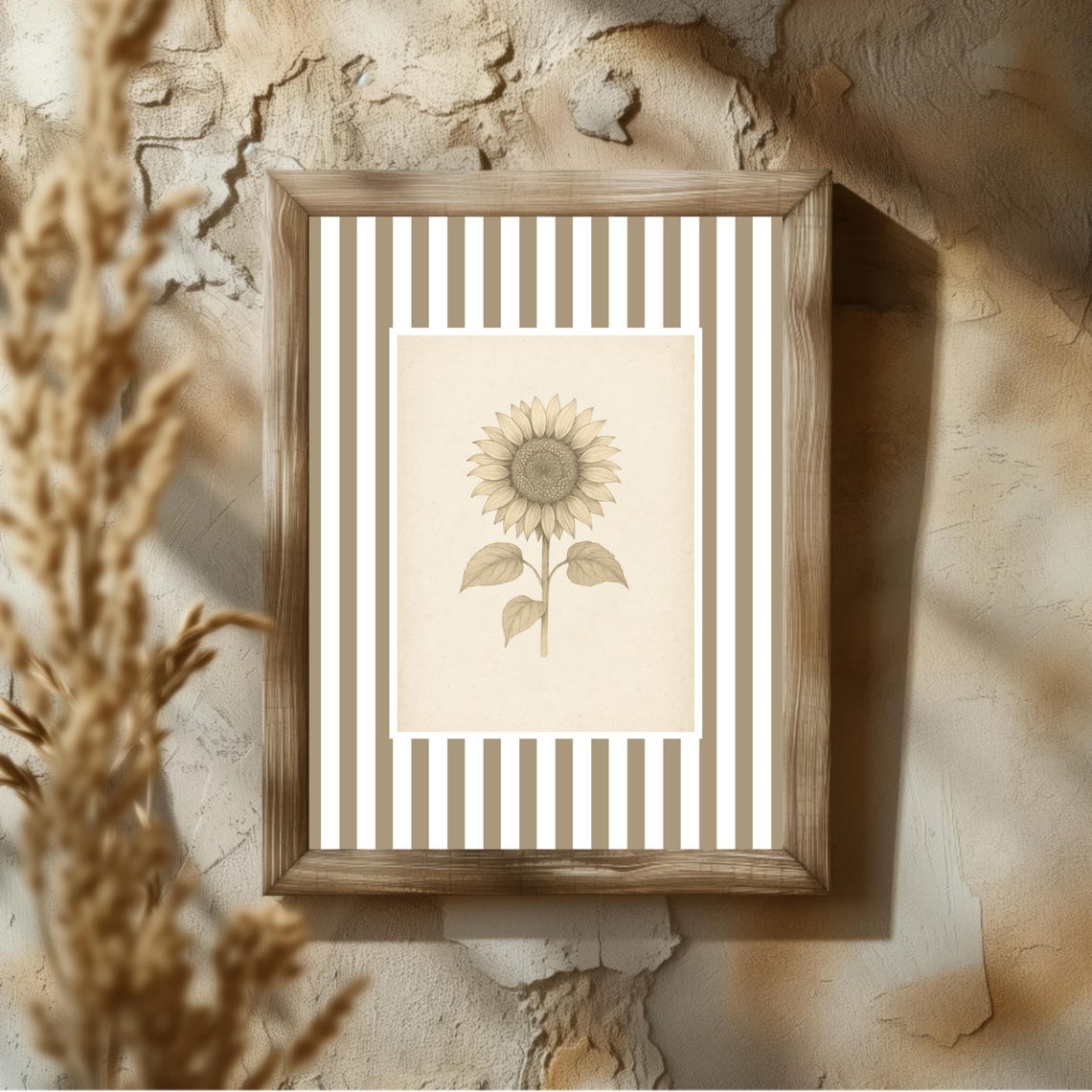 Vintage Sepia Sunflower Botanical Striped Border Floral Wall Art