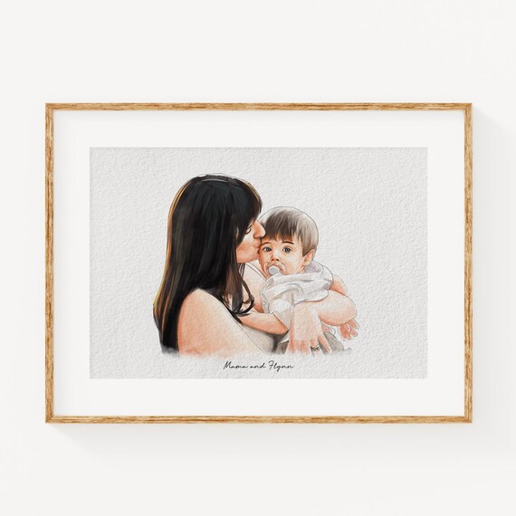 Custom Watercolor Mama and Baby Portrait Mothers Day Gift Print