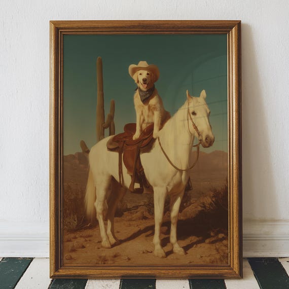 Golden Retriever Cowboy Horse Art Print Western Dog Painting Digital Download