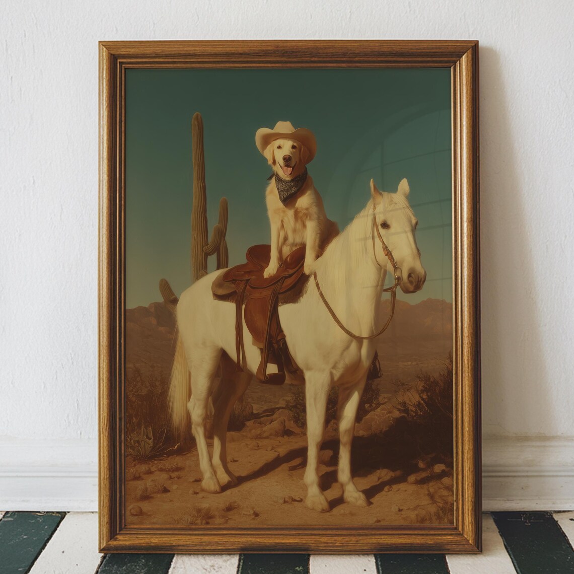 Golden Retriever Cowboy Horse Desert Western Funny Dog Art Poster
