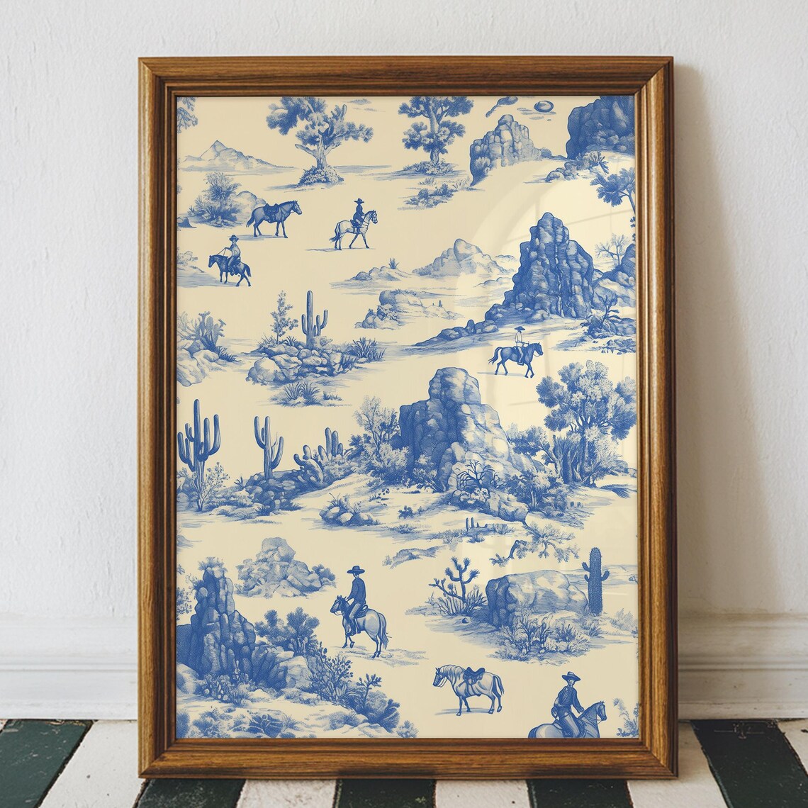 Blue Chinoiserie Cowboy Art Print, Western Landscape