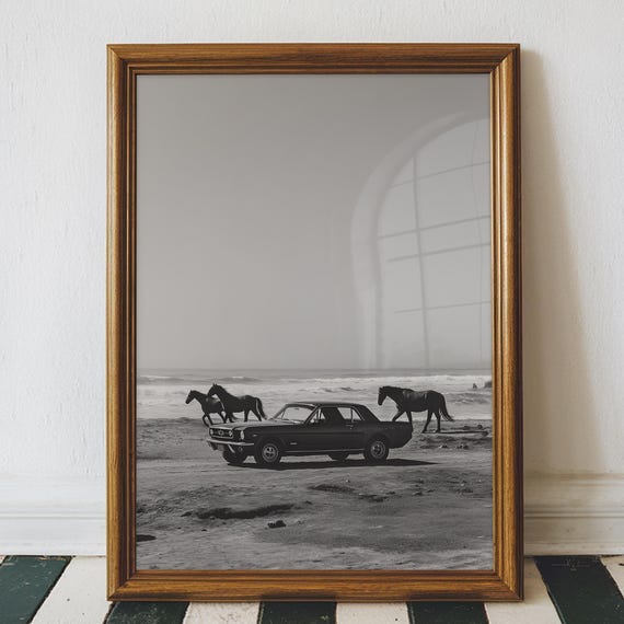 Vintage Beach Mustang Car Print Black And White Sports Wall Art Digital Download