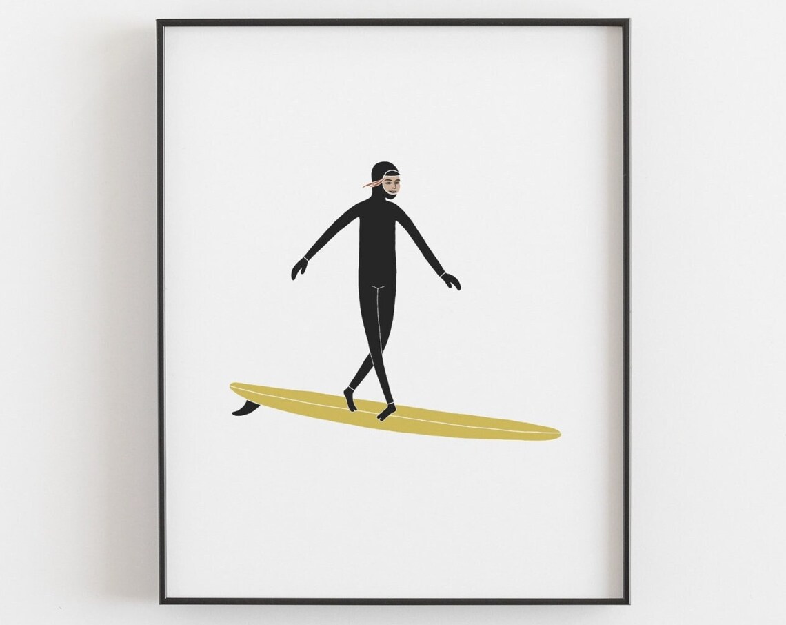 Surfer Girl Riding a Longboard, Minimalist Art Poster - Image 3