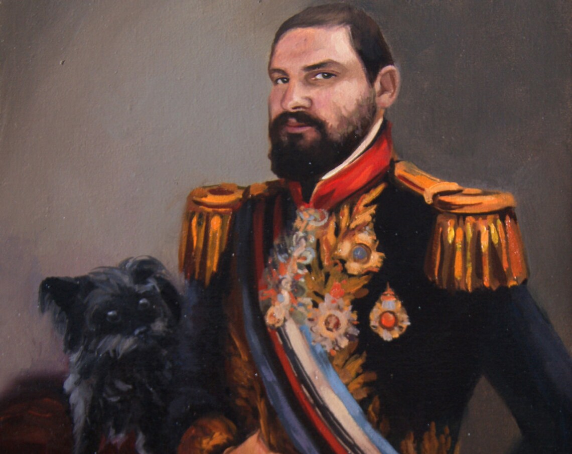 Man in Military Uniform with Dog Humorous Oil Painting Portrait Poster