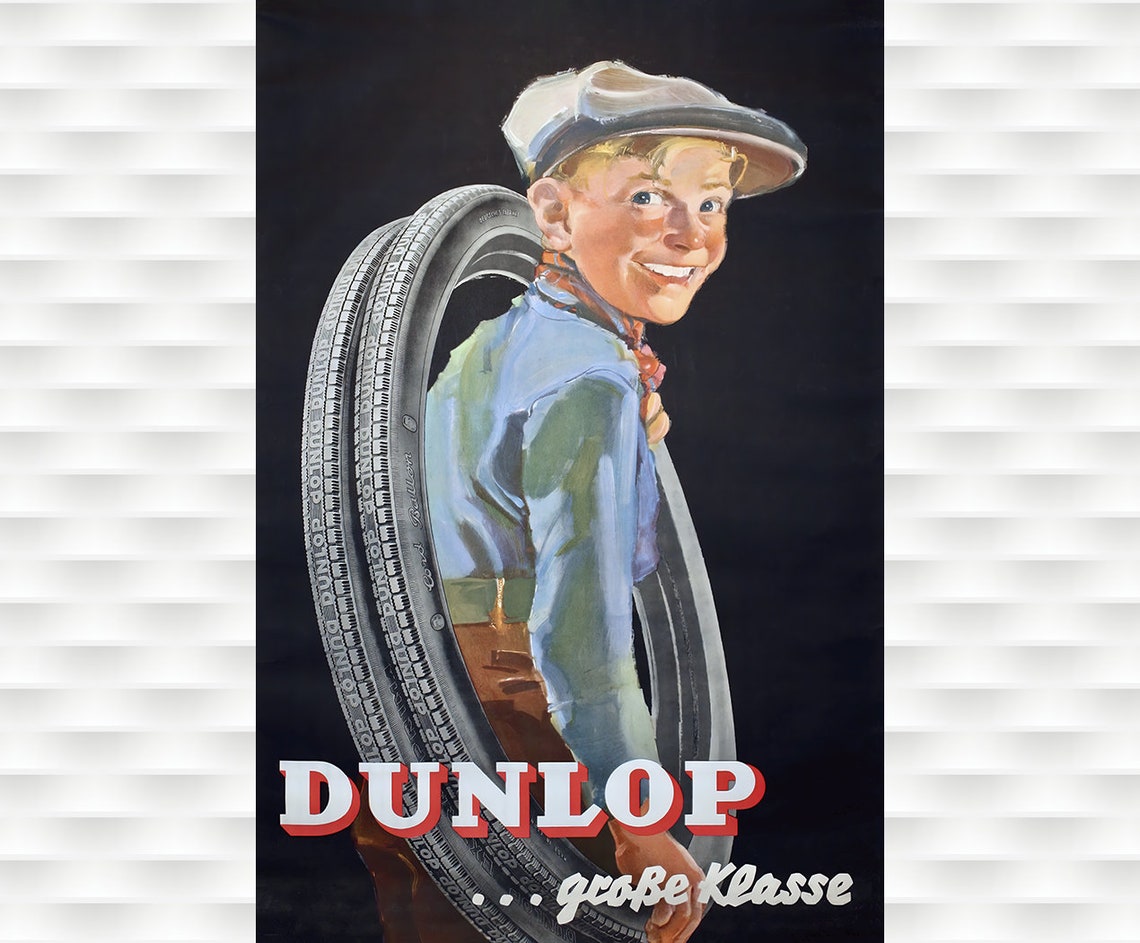 Dunlop Tires Grosse Klasse Boy Carrying Vintage German Ad Poster