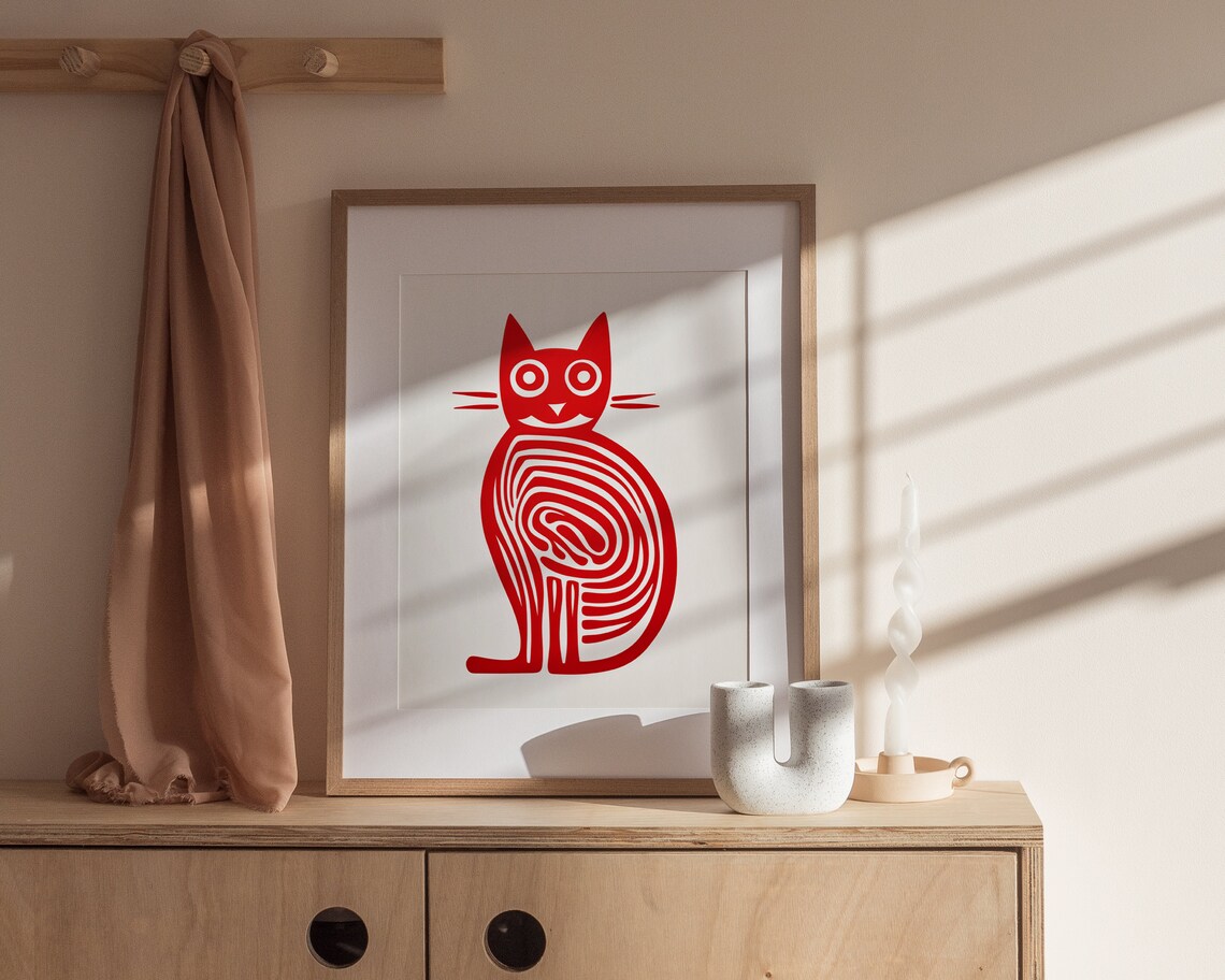 Red Cat Fingerprint Swirl Minimalist Modern Cat Lover Art Poster - Image 2
