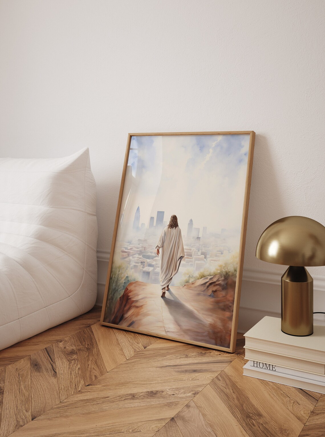 Jesus Christ Walking Toward City Skyline Watercolor Faith Poster - Image 2