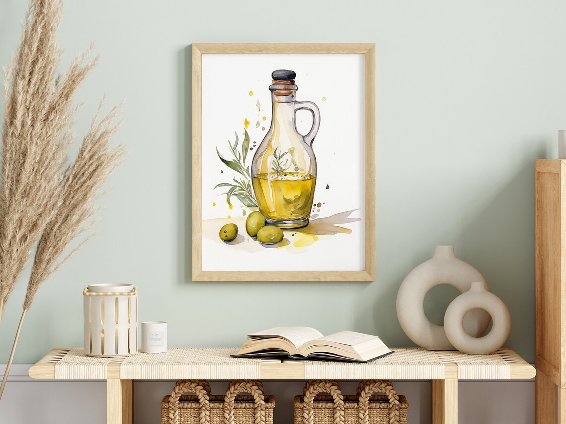 Olive Oil Bottle Watercolor Green Olives Mediterranean Kitchen Poster - Image 2