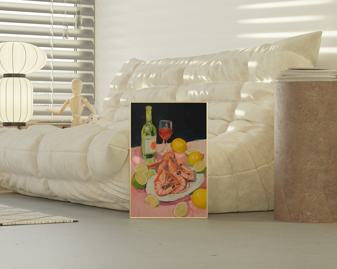 Shrimp Seafood Still Life Wine Lemons Painterly Dining Room Poster - Image 2