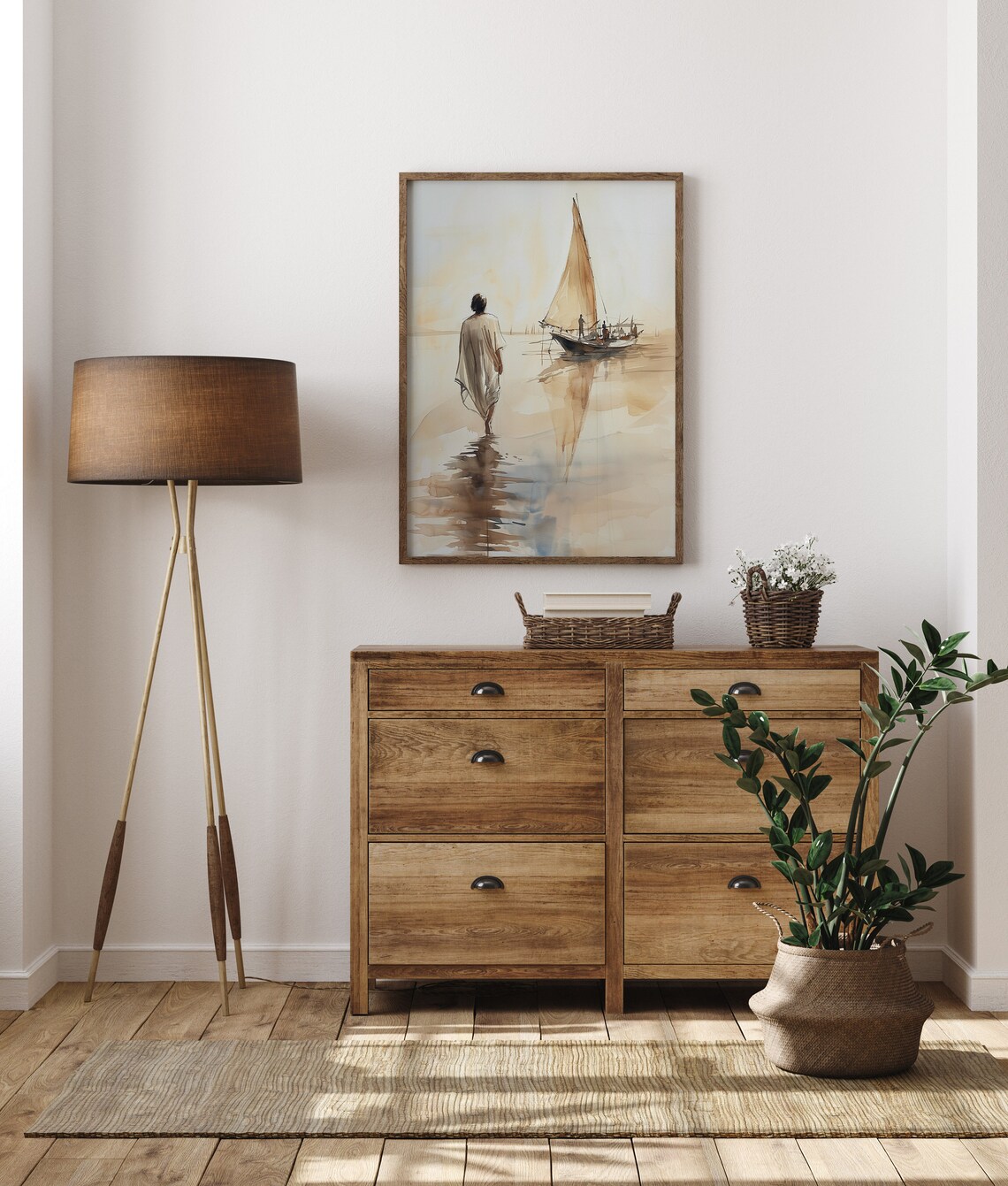 Jesus Walking Toward Sailboat Sepia Watercolor Christian Art Poster - Image 2