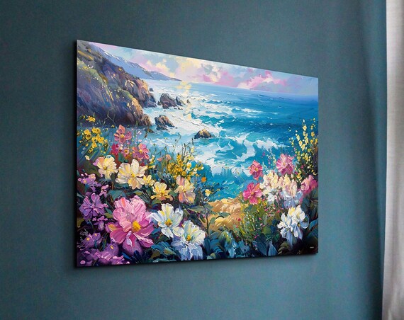 Ocean Waves Over Flowering Coast Pink Blossom Seascape Poster