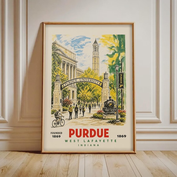 Purdue University Print Vintage Campus Poster West Lafayette Indiana College Wall Art Boilermakers Home Decor
