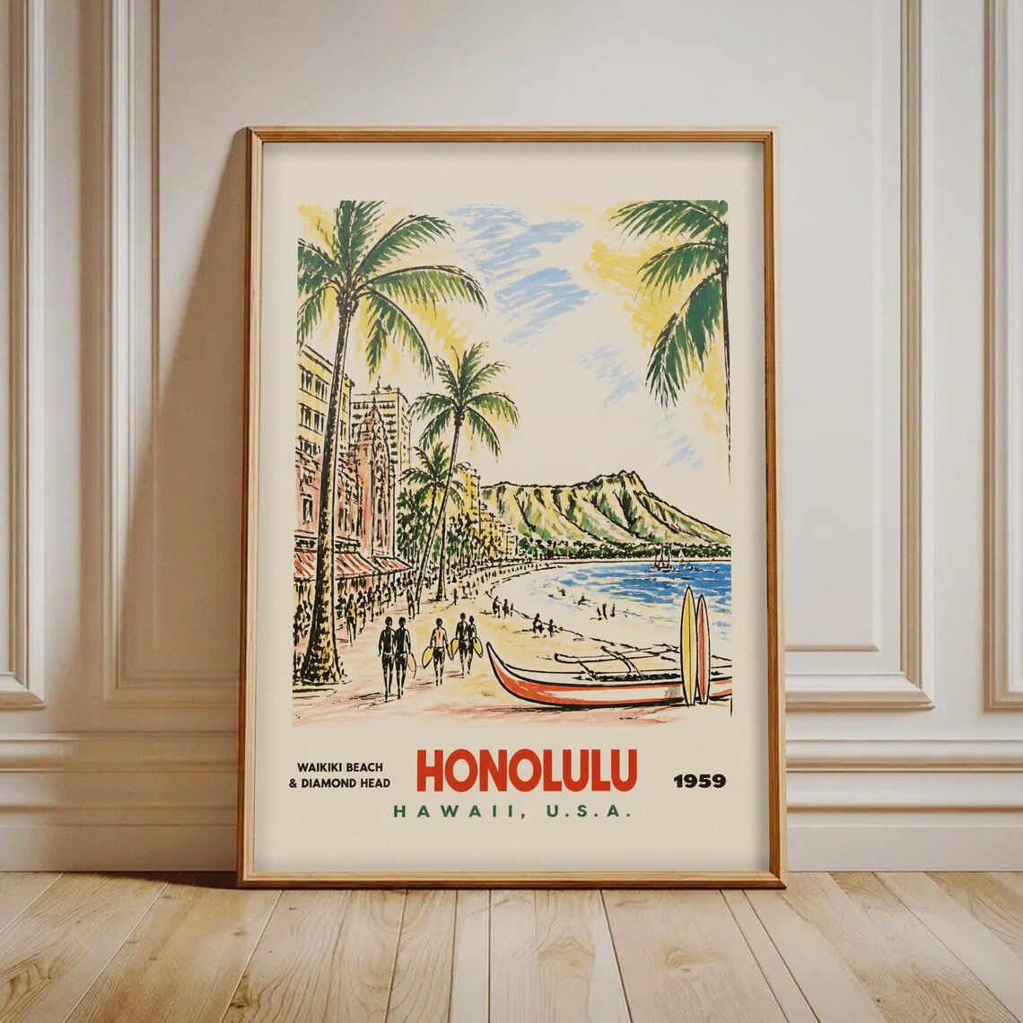 Honolulu Hawaii 1959 Vintage Travel Poster Waikiki Beach Diamond Head