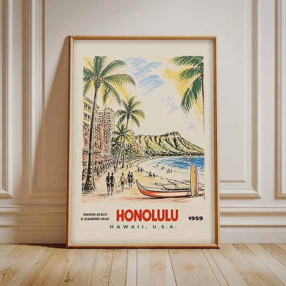 Honolulu Hawaii 1959 Vintage Travel Poster Waikiki Beach Diamond Head