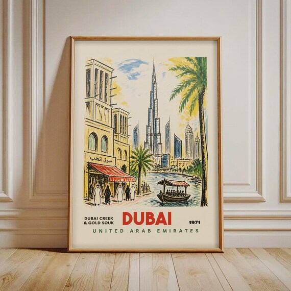 Dubai Creek Print Vintage 1971 Uae Travel Poster Retro Middle East Wall Art Gold Souk Burj Khalifa Decor