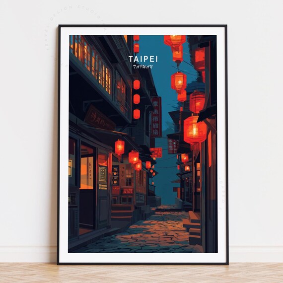 Taipei Taiwan Old Street Red Lanterns Night Minimalist Travel Poster