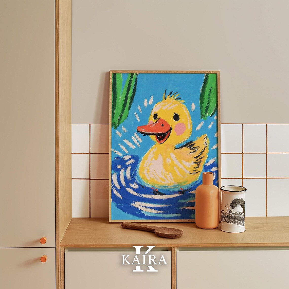 Happy Yellow Duckling Swimming In Blue Water Kids Nursery Poster - Image 3