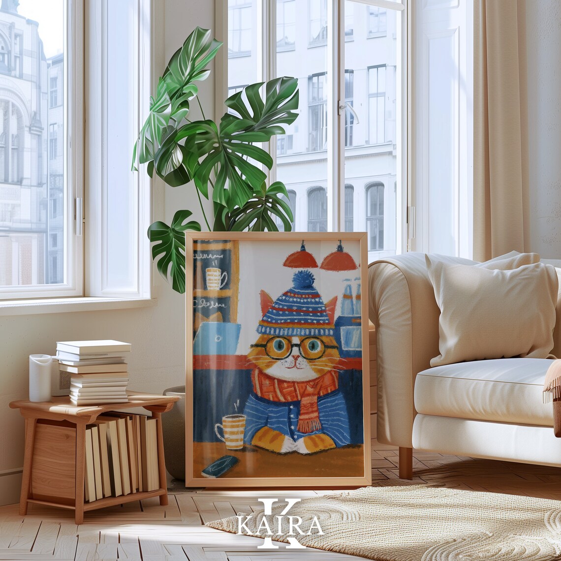 Cozy Cafe Ginger Cat in a Winter Hat Glasses and Scarf Poster - Image 5