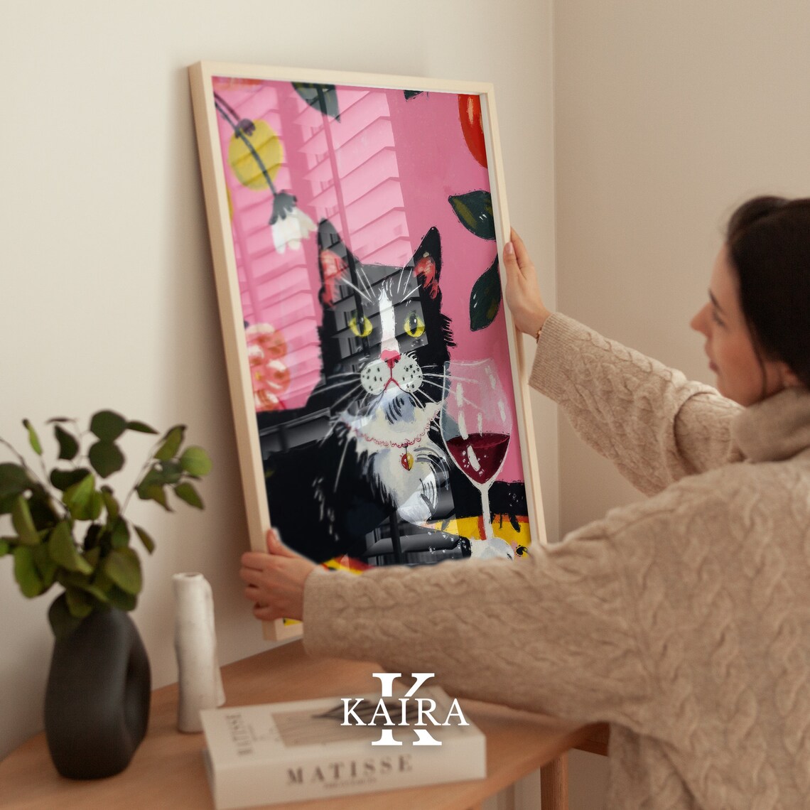 Tuxedo Cat With Glass Of Red Wine Sophisticated Wine Night Art Poster - Image 2