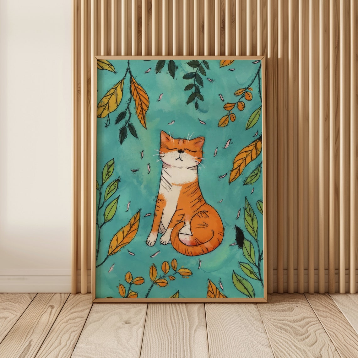 Peaceful Orange Cat Among Falling Leaves Teal Botanical Cat Poster - Image 5
