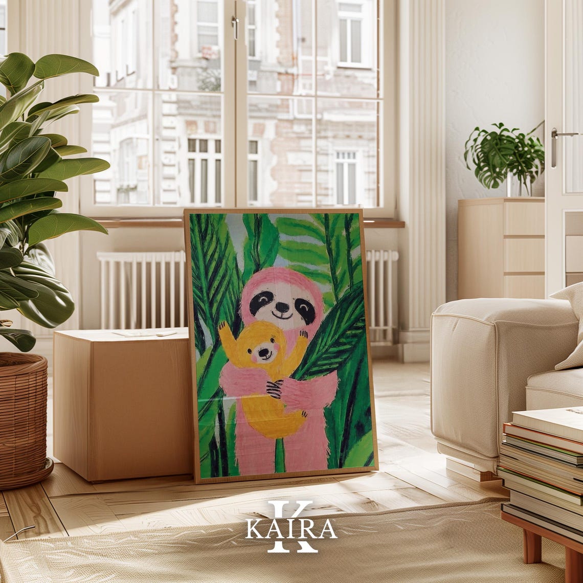 Pink Sloth Hugging Its Baby Among Lush Green Jungle Leaves Poster - Image 3