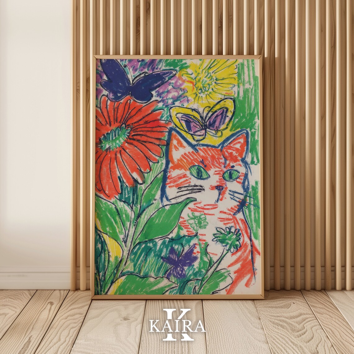 Orange Cat With Flowers And Butterflies Garden Colorful Poster - Image 2