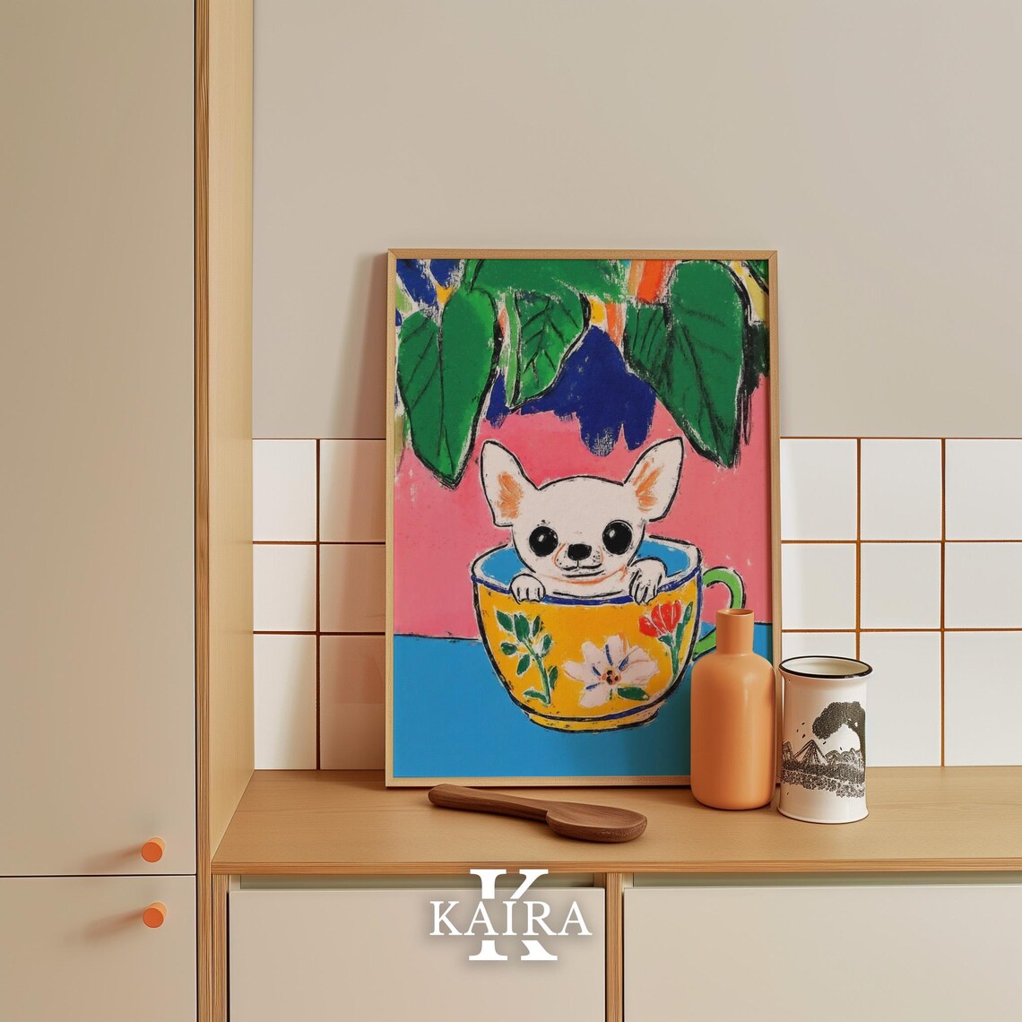 White Chihuahua Puppy Peeking Out Of A Yellow Floral Teacup Poster - Image 3