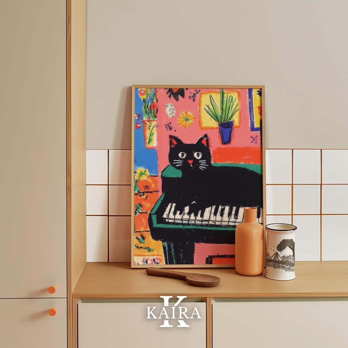 Black Cat Lounging Lazily Across Piano Keys in a Cozy Room Poster - Image 5
