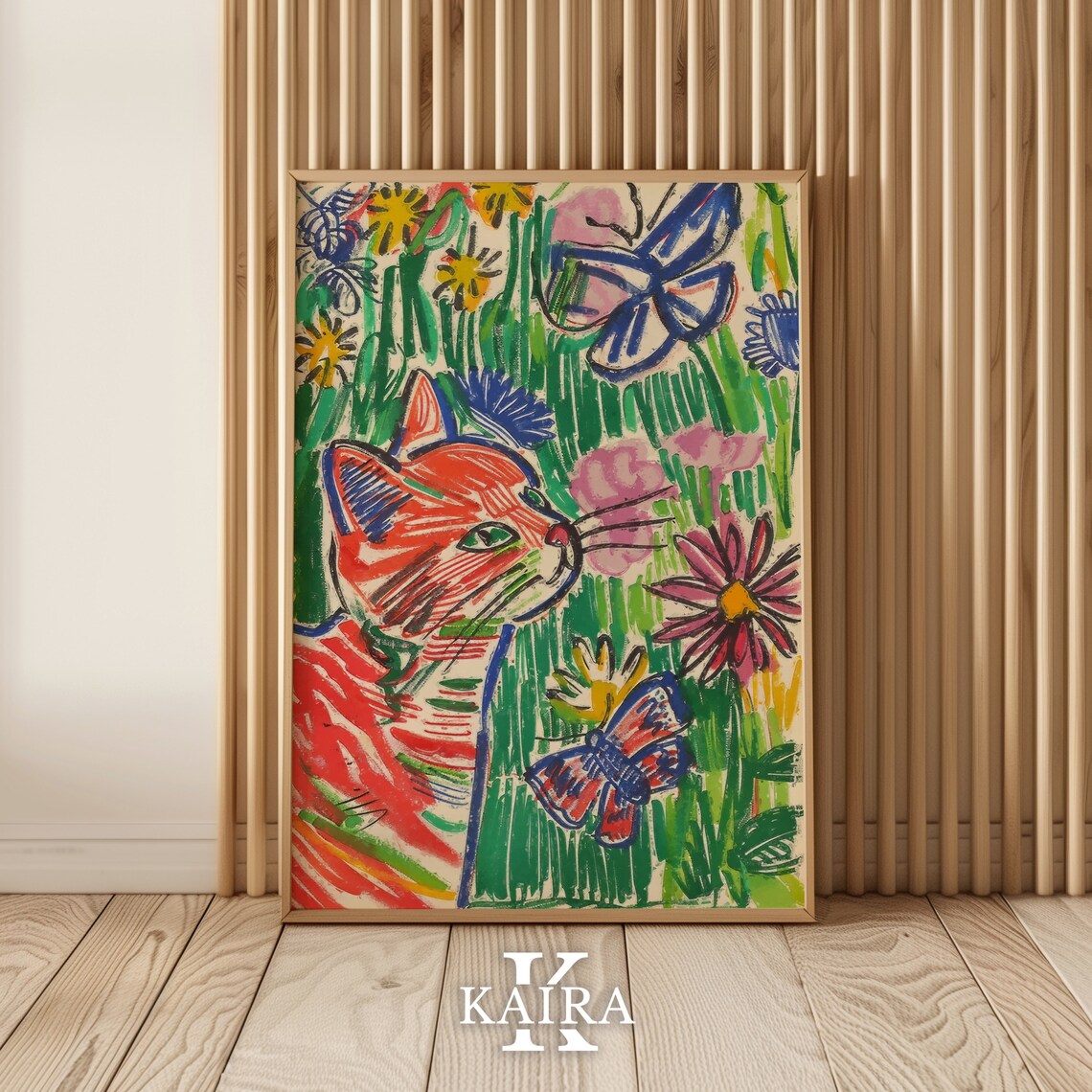Orange Cat Among Flowers And Butterflies Colorful Garden Poster - Image 2