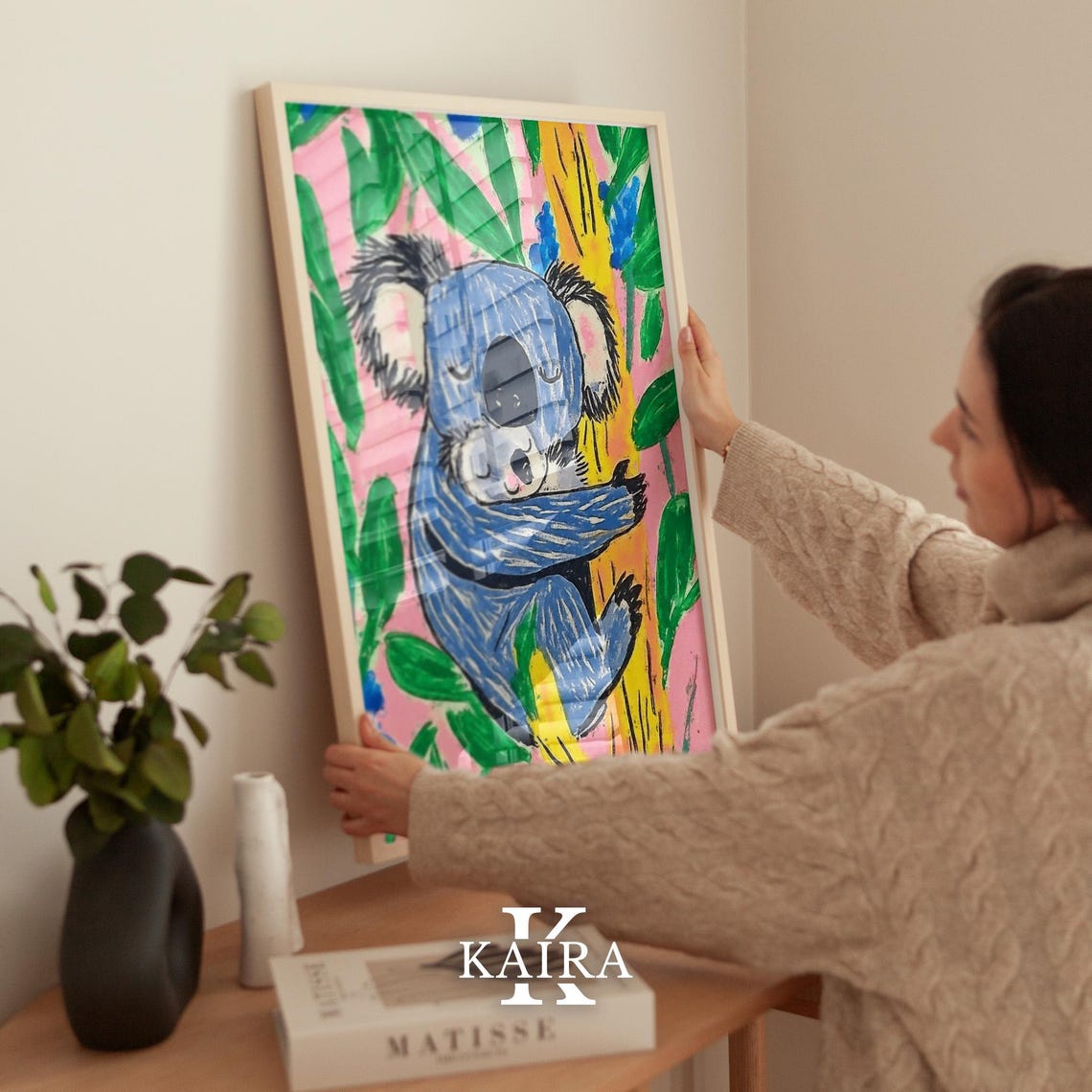 Blue Koala Mother Hugging Her Baby in a Flowering Tree Poster - Image 2