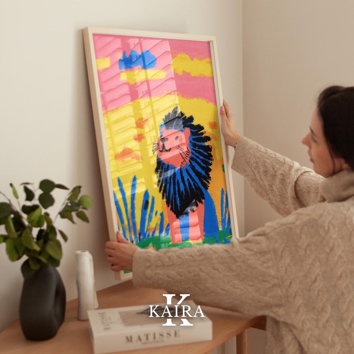 Colorful Smiling Lion With a Dark Mane at a Pink Sunset Poster - Image 2