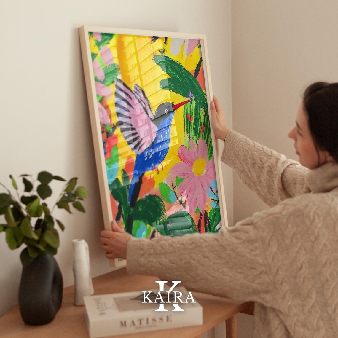 Vibrant Blue Hummingbird With Pink Wings Among Tropical Flowers Poster - Image 2