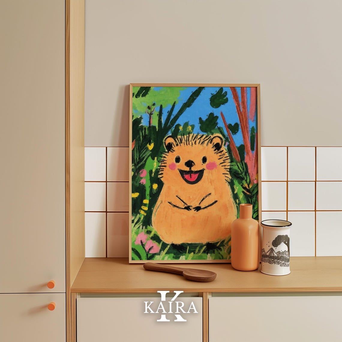 Happy Tan Hedgehog Smiling in a Lush Green Flower Garden Poster - Image 4