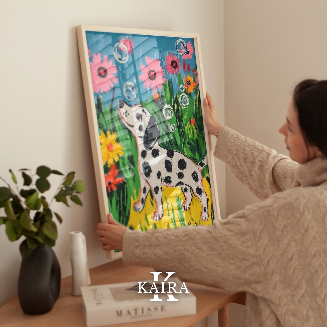 Dalmatian Puppy Watching Floating Bubbles Among Pink Flowers Poster - Image 2