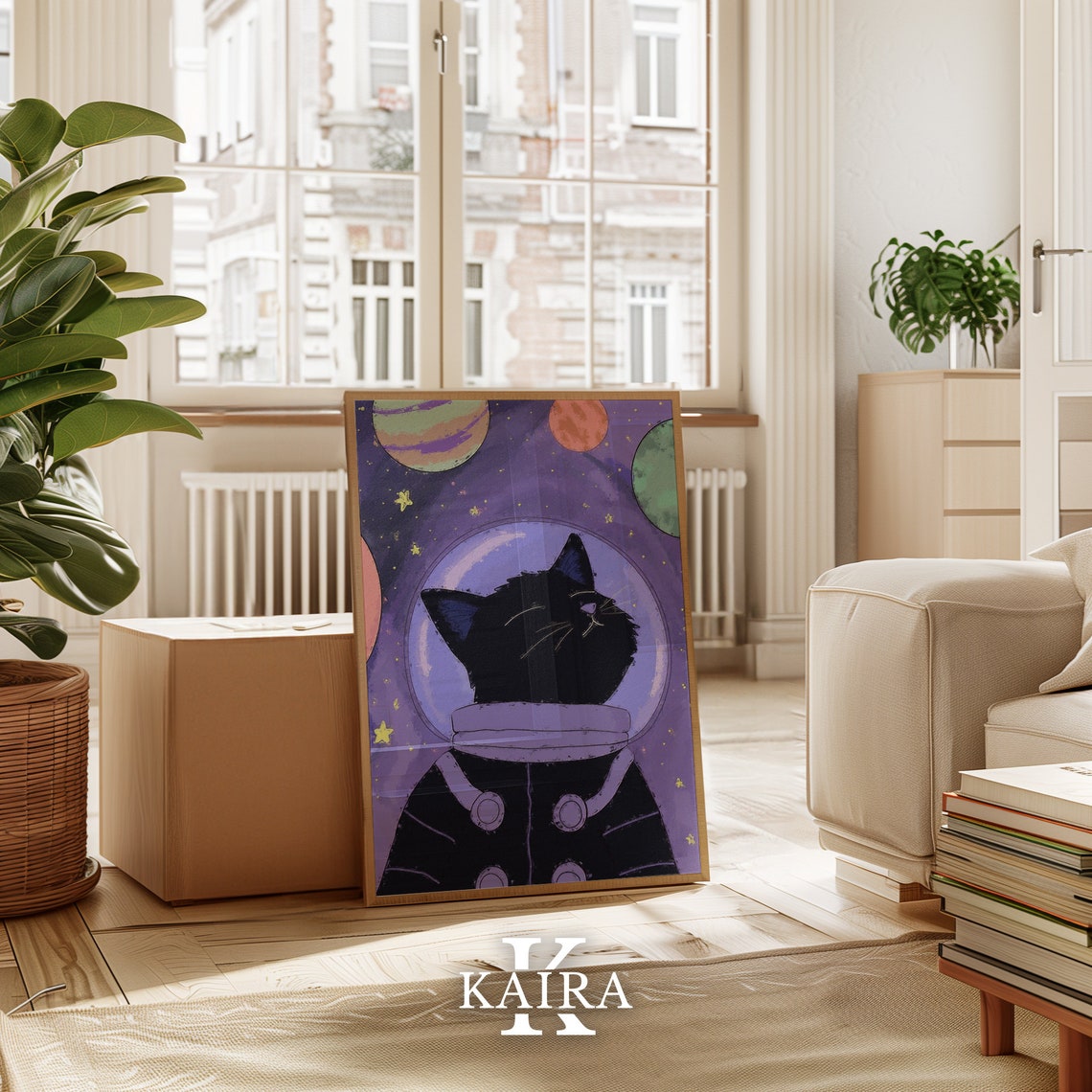 Black Cat Astronaut In Space Helmet Floating Among Planets Poster - Image 3