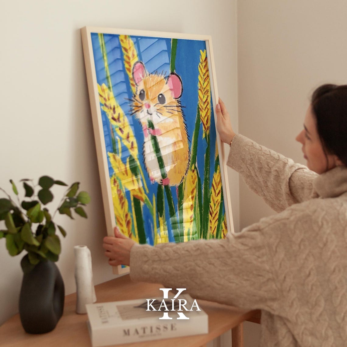 Golden Hamster Climbing a Wheat Stem in a Sunny Blue Field Poster - Image 2