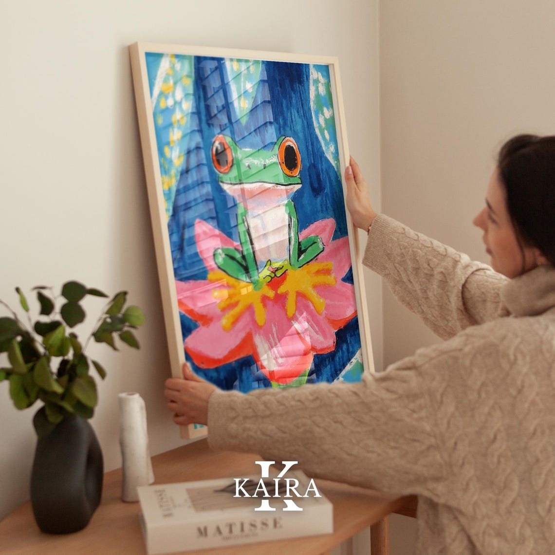 Bright Green Tree Frog With Red Eyes Sitting On A Pink Flower Poster - Image 2