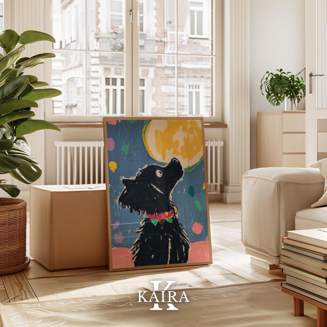 Scruffy Black Dog With A Festive Collar Howling At The Yellow Moon Poster