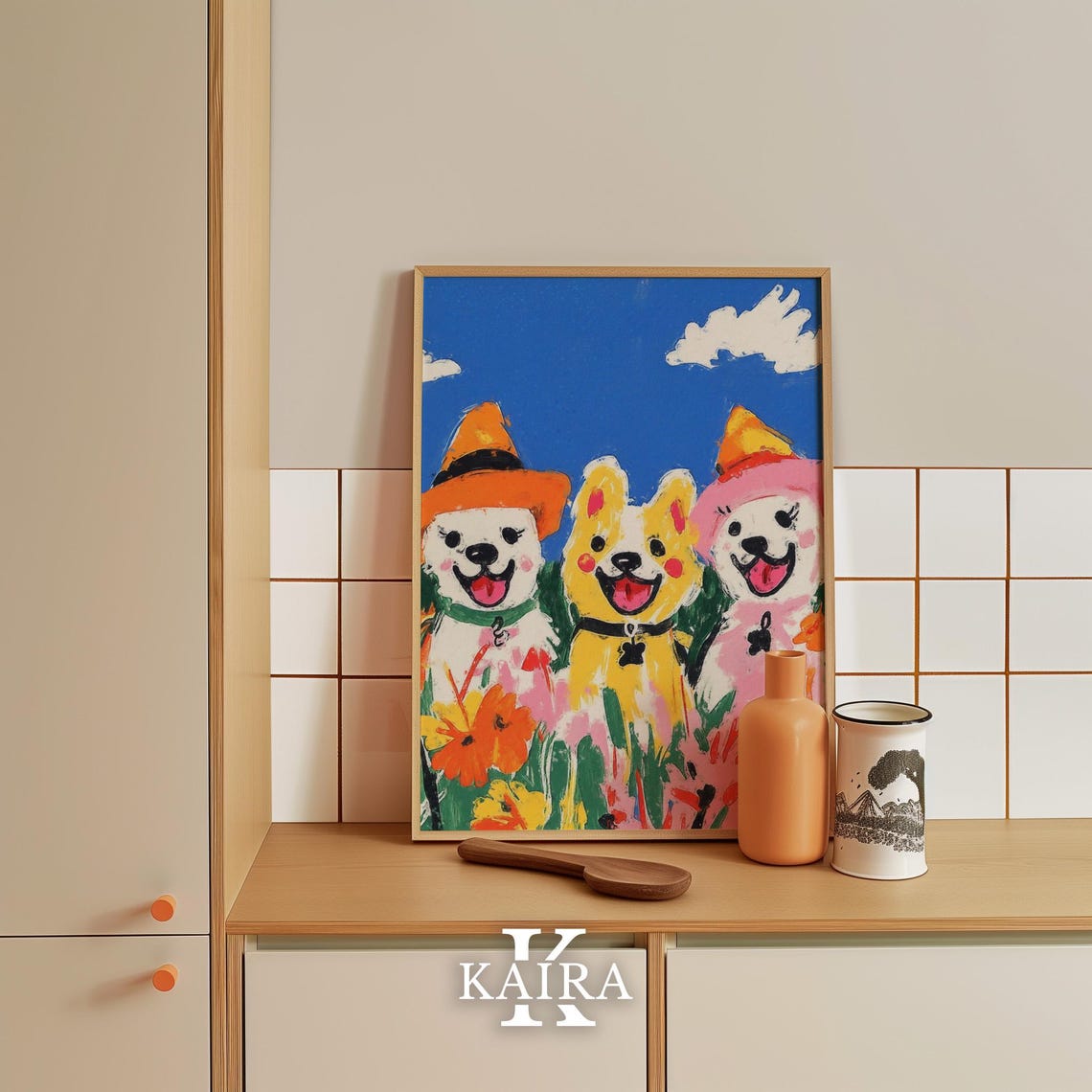Three Happy Dogs Wearing Witch Hats in a Flower Meadow Poster - Image 4