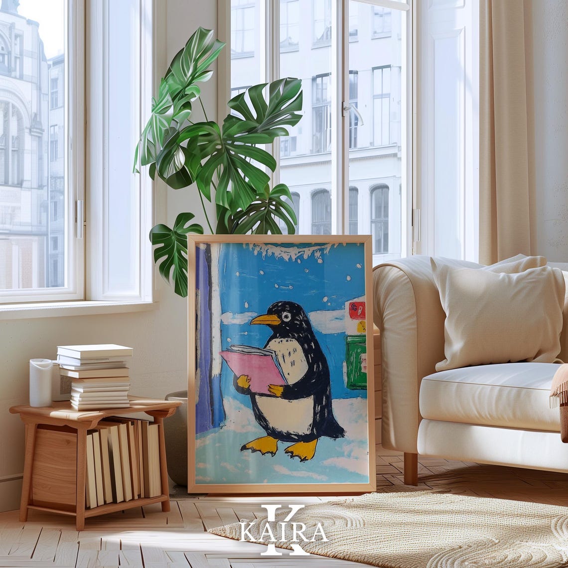 Cute Penguin Reading a Pink Book in Gently Falling Snow Poster