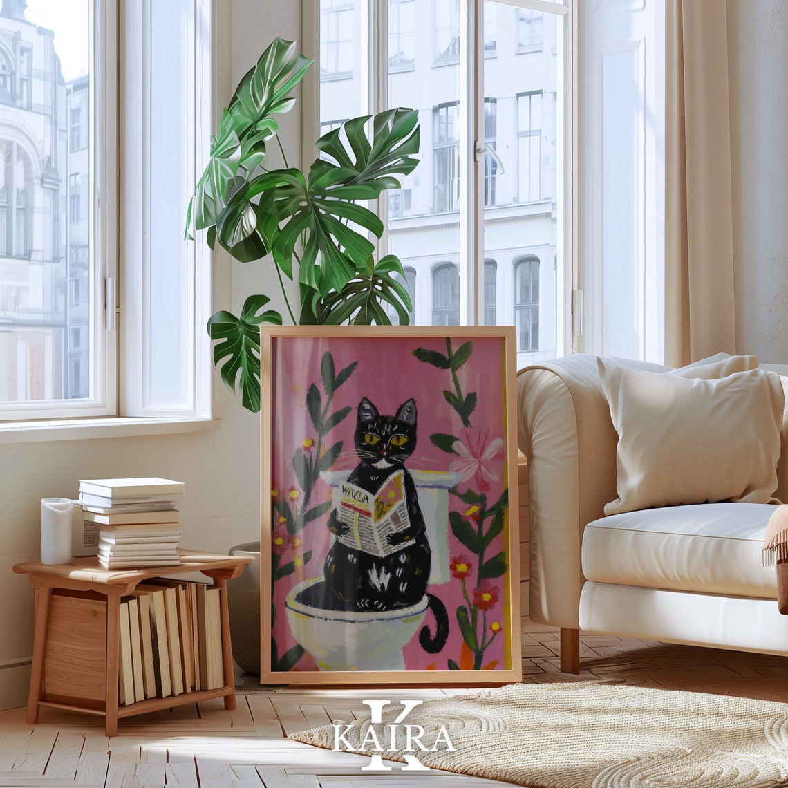 Black Cat Reading Newspaper On The Toilet Funny Bathroom Art Poster - Image 5
