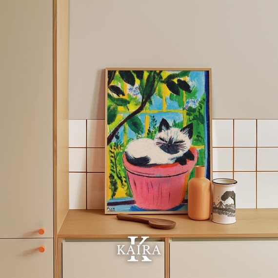 Sleeping Siamese Cat Curled Inside a Pink Flowerpot at Home Poster