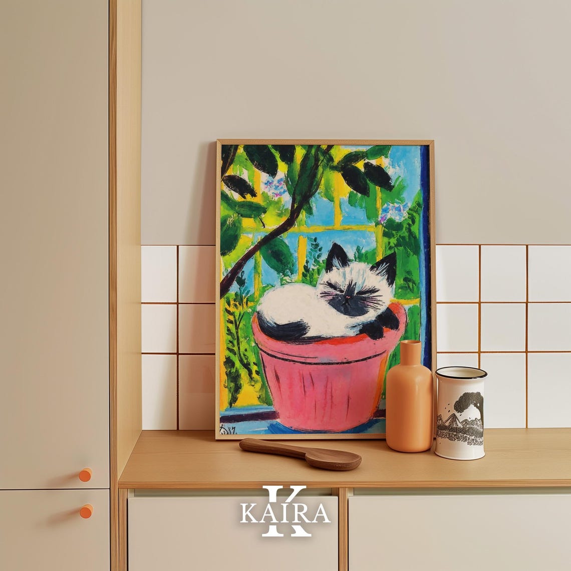 Sleeping Siamese Cat Curled Inside a Pink Flowerpot at Home Poster