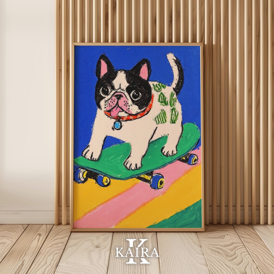 Happy French Bulldog Puppy Riding a Big Green Skateboard Poster