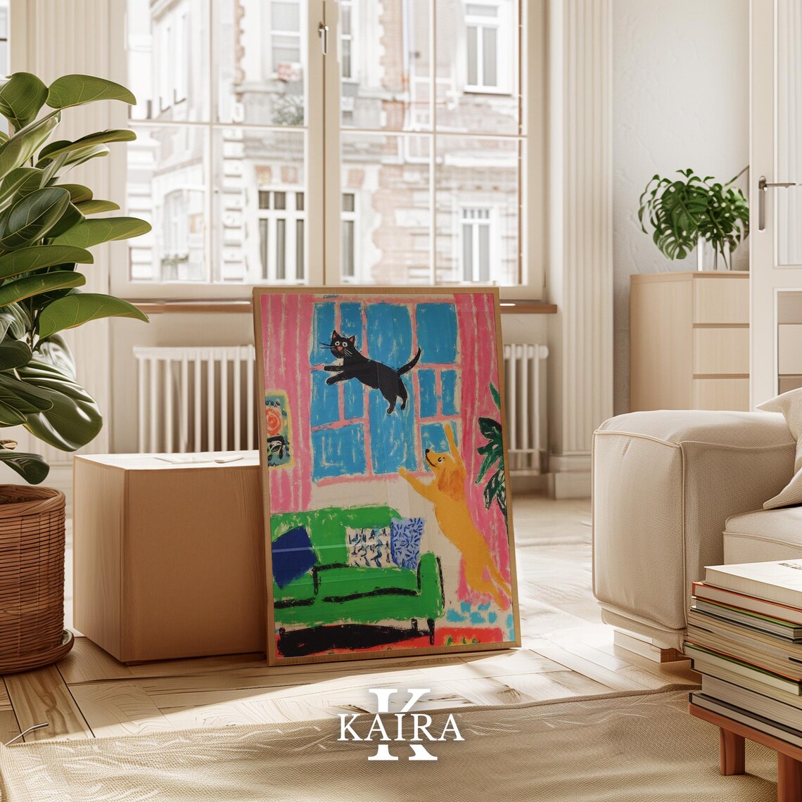 Black Cat and Golden Dog Playing Together in a Living Room Poster - Image 3