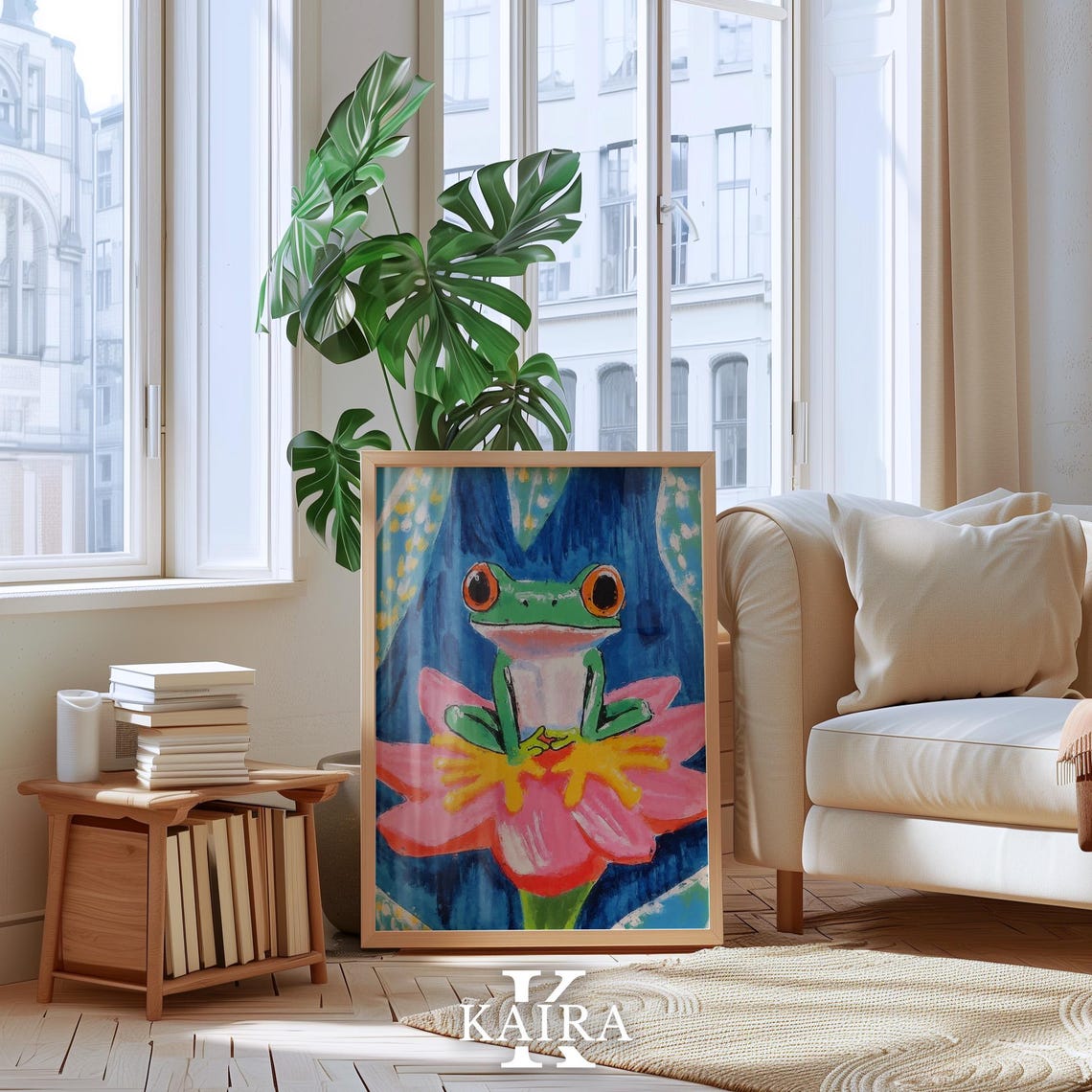 Bright Green Tree Frog With Red Eyes Sitting On A Pink Flower Poster - Image 4