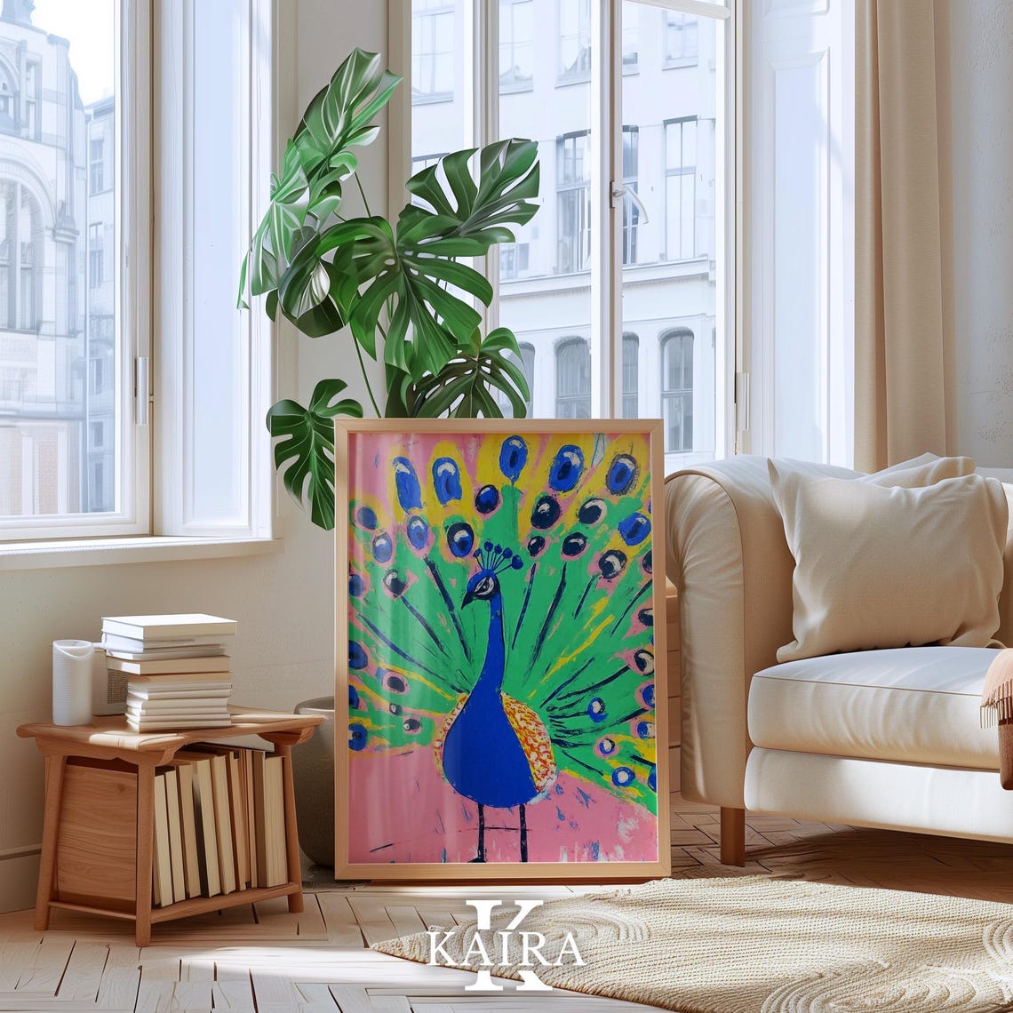 Vibrant Peacock Displaying His Colorful Fanned Tail on Pink Poster - Image 4