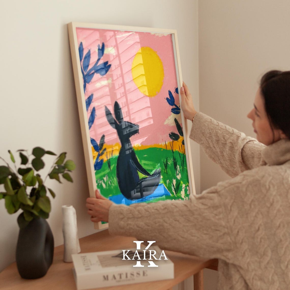 Meditating Rabbit Silhouette Under a Dreamy Pink Sunset Poster