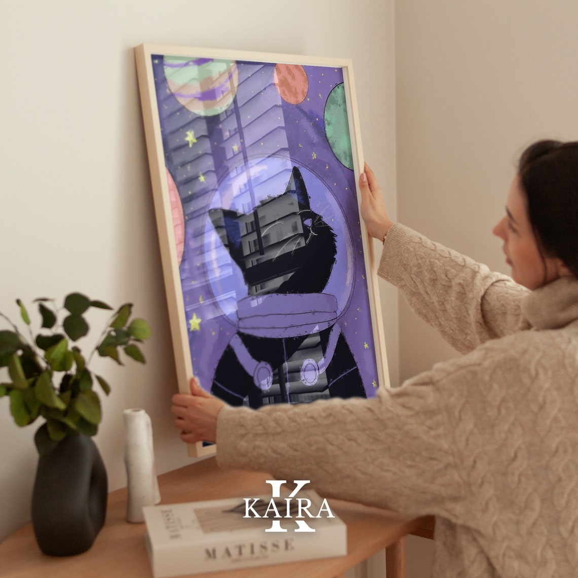 Black Cat Astronaut In Space Helmet Floating Among Planets Poster - Image 5